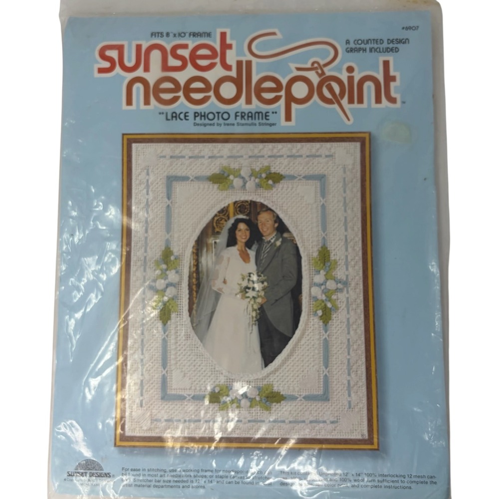 Vintage Sunset Needlepoint Lace Photo Frame Kit 6907 Sealed NOS 8x10 Frame